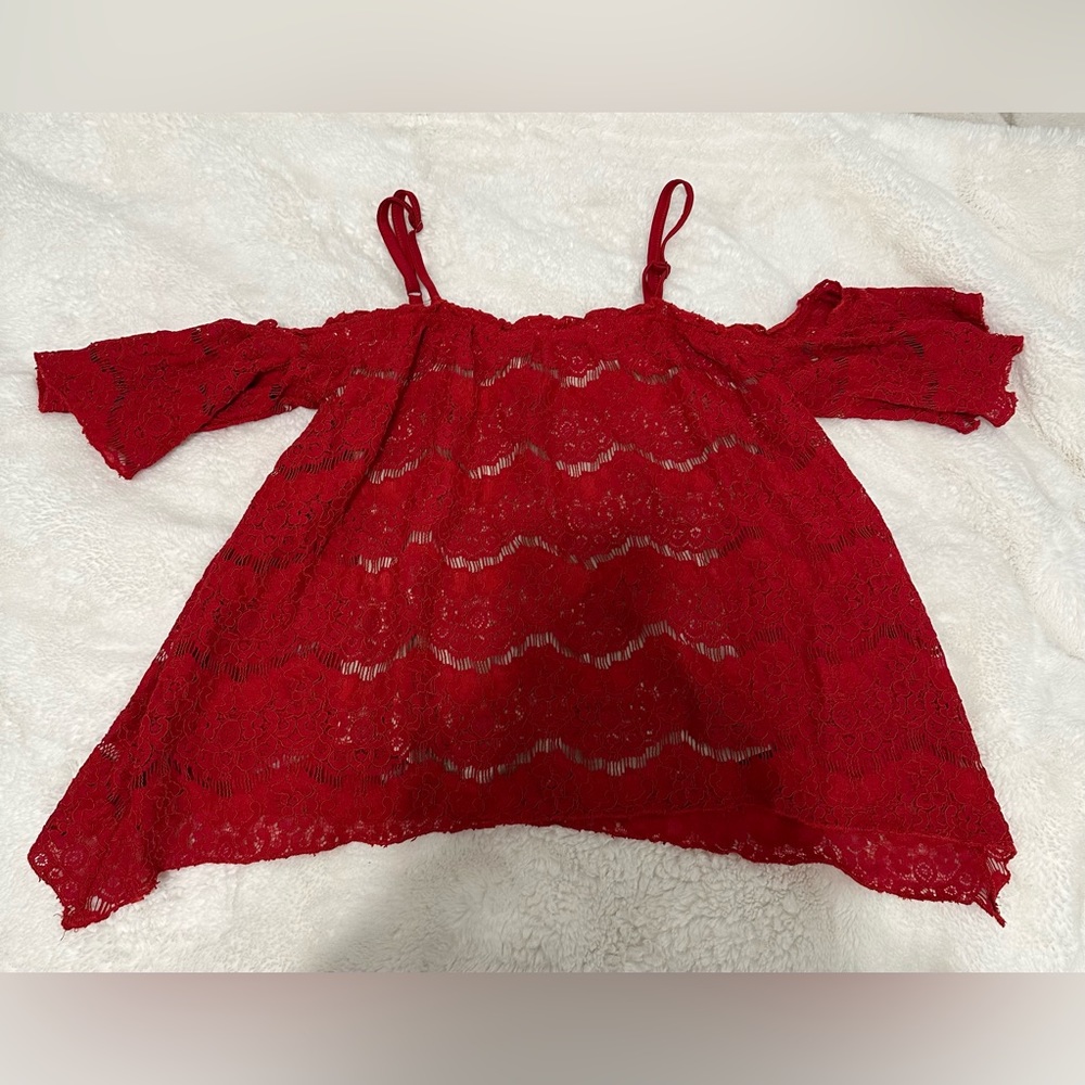 Cute red flower lace shirt, women’s, beige shirt under lace, great condition.